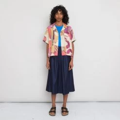 Short Sleeve Soft Collar Shirt Women's - Cutout Print Coral Multi