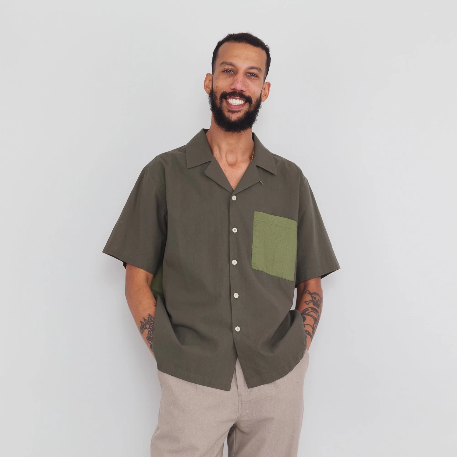 2 Tone Soft Collar Shirt - Olive 2 2 Tone Soft Collar Shirt - Olive - Image 2