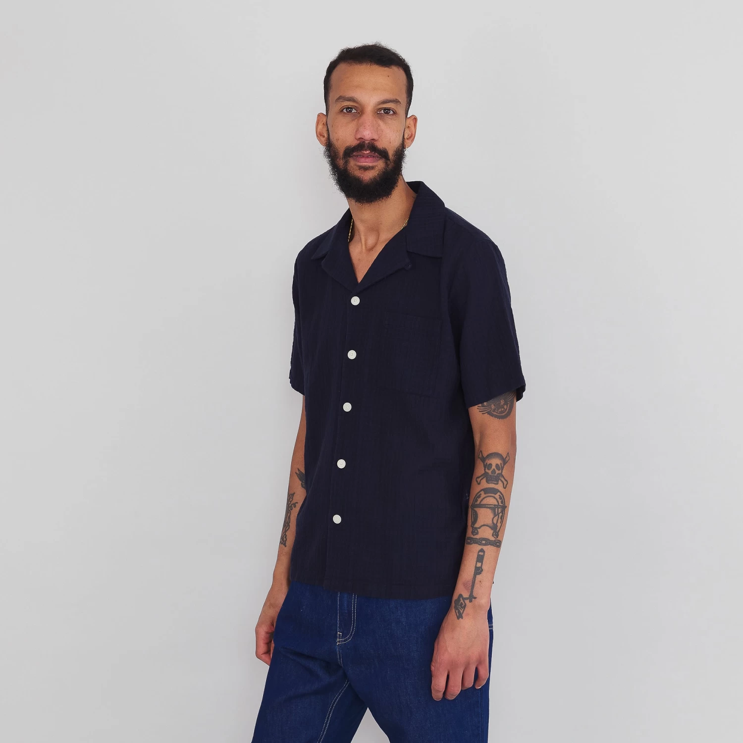 SS Soft Collar Shirt - Navy Open Weave Check 4 SS Soft Collar Shirt - Navy Open Weave Check - Image 4